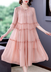 Organic Pink Ruffled Patchwork Silk Dresses Half Sleeve