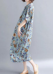 Organic Royal Blue Print O-Neck Cotton Linen Robe Dresses Summer - SooLinen