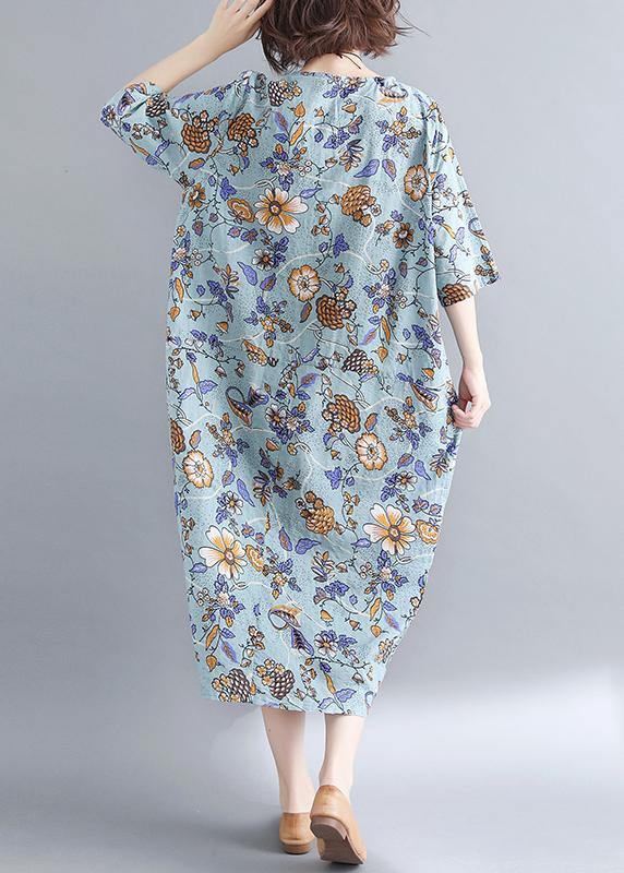 Organic Royal Blue Print O-Neck Cotton Linen Robe Dresses Summer - SooLinen