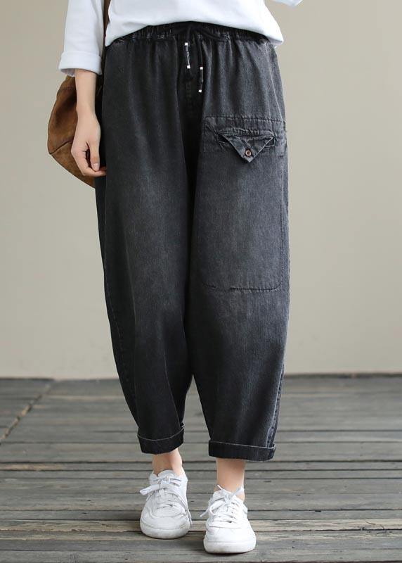 Organic Spring Casual Pants Denim Black Fabrics Cinched Pants - SooLinen