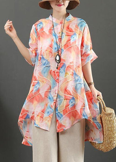 Organic orange print linen tops women stand collar low high design Art tops - SooLinen