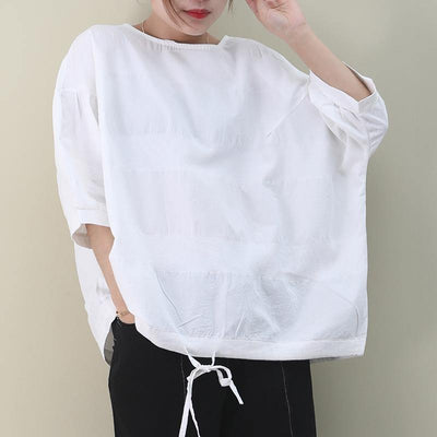 Organic white cotton clothes For Women o neck drawstring cotton summer shirts - SooLinen