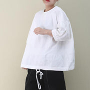 Organic white cotton clothes For Women o neck drawstring cotton summer shirts - SooLinen