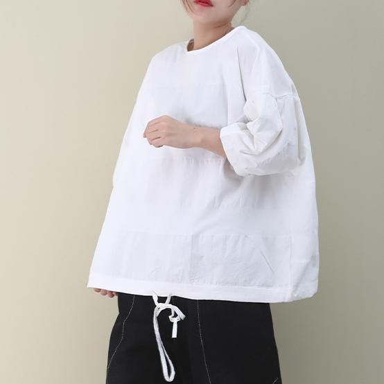 Organic white cotton clothes For Women o neck drawstring cotton summer shirts - SooLinen