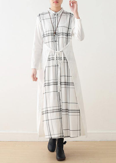 Organic white plaid cotton Long Shirts drawstring Art summer Dresses - SooLinen