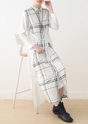 Organic white plaid cotton Long Shirts drawstring Art summer Dresses - SooLinen