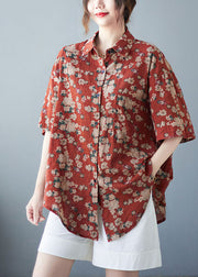 Original Design Red Peter Pan Collar Print Pocket Linen Long Shirt Top Short Sleeve