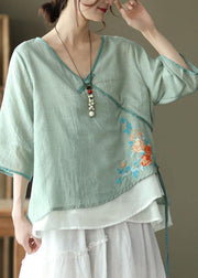 Pink V Neck Embroideried Summer Ramie Half Sleeve Tops - SooLinen