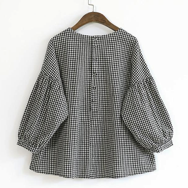 French Plaid Cotton Women Fine Sewing Asymmetric Plus Size Clothing Blouse