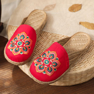 Red Embroideried Cotton Linen Fabric Slippers Shoes - SooLinen