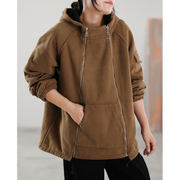 Red Hooded Pockets Zippered Fall Loose Sweatshirt