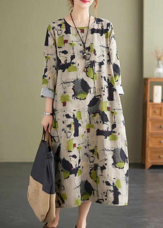 Retro O-Neck Print Pockets Linen Vacation Dresses Long Sleeve