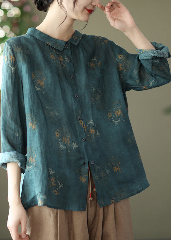 Retro Peacock Green Peter Pan Collar Print Button Wrinkled Shirts Long Sleeve