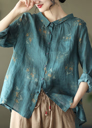 Retro Peacock Green Peter Pan Collar Print Button Wrinkled Shirts Long Sleeve