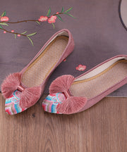 Retro Pink Embroideried Tassel Cotton Fabric Flat Shoes For Women