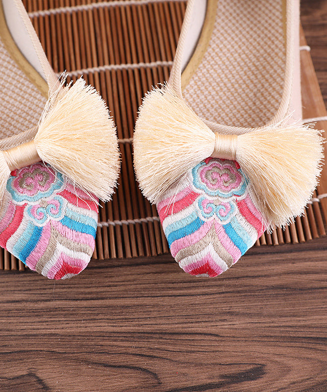 Retro Pink Embroideried Tassel Cotton Fabric Flat Shoes For Women