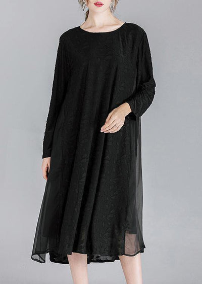 Simple Black Patchwork Chiffon Long Sleeve Spring Summer Dress - SooLinen