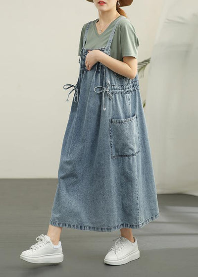 Simple Blue Summer tie waist Cotton Spaghetti Strap Dress - SooLinen