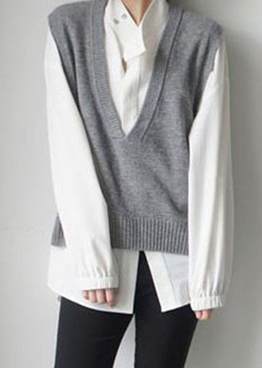 Simple Grey V Neck Woolen Tanks Sleeveless