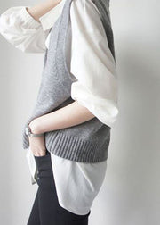 Simple Grey V Neck Woolen Tanks Sleeveless