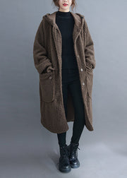 Simple Khaki hooded Pockets Button Winter Long sleeve parka