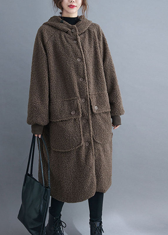 Simple Khaki hooded Pockets Button Winter Long sleeve parka