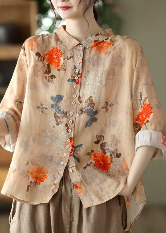 Simple Orange Peter Pan Collar Print Button Cotton Blouse Tops Long Sleeve