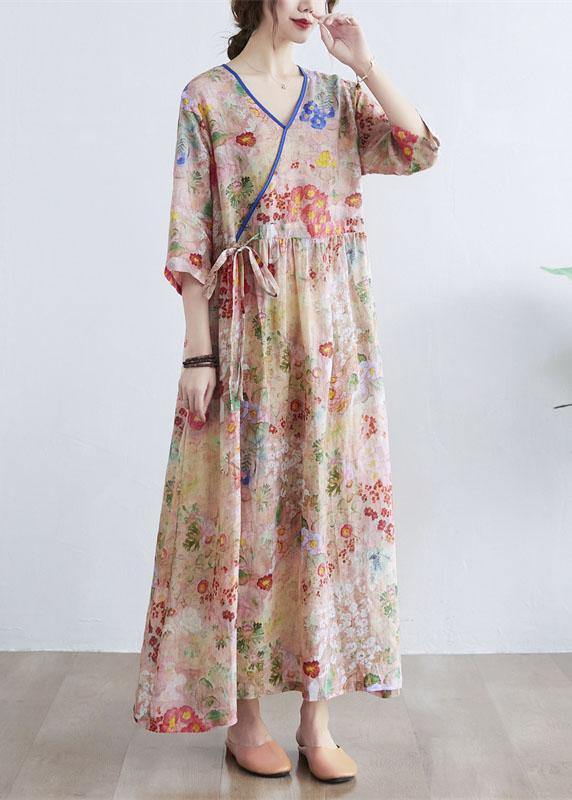 Simple Print V Neck Floral Summer Tie Waist Long Dresses Half Sleeve - SooLinen