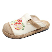 Simple Splicing Flat Shoes Beige Embroideried Cotton Linen Fabric - SooLinen