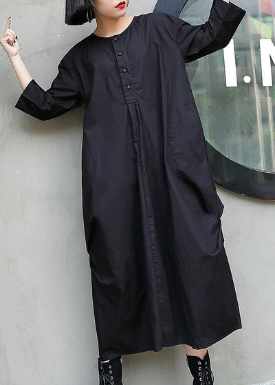 Simple black cotton quilting dresses o neck Cinched Maxi summer Dresses - SooLinen