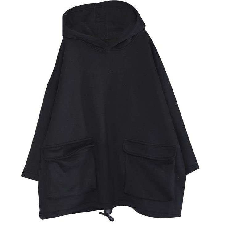 Simple hooded drawstring spring shirts women black tops - SooLinen