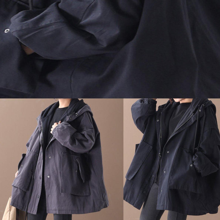 Simple hooded false two pieces Fine Coats Women black Art coat - SooLinen