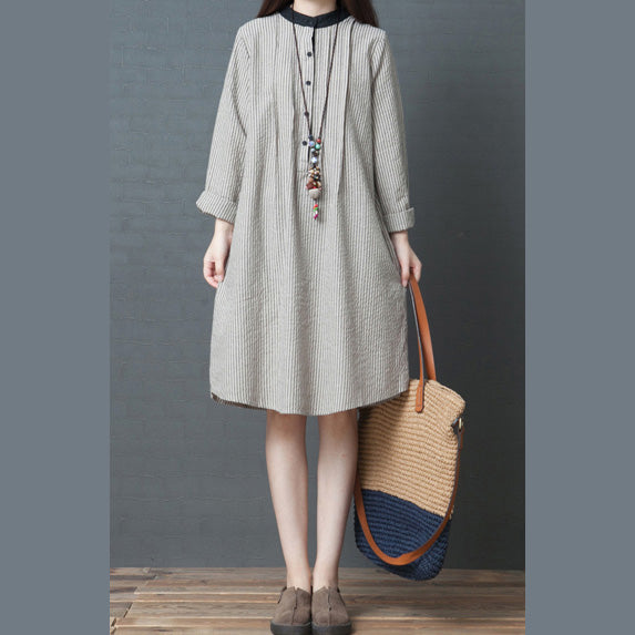 Simple long sleeve linen dress Organic Work Outfits black striped Art Dress stand collar