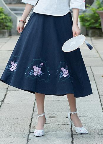 Simple navy Cotton skirt2019 Photography A line skirts embroidery Dresses Summer skirt - SooLinen