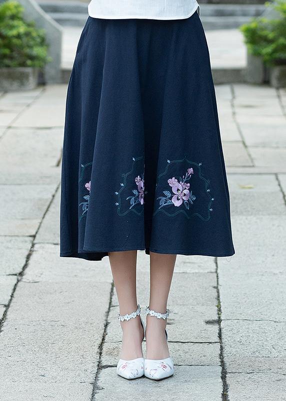 Simple navy Cotton skirt2019 Photography A line skirts embroidery Dresses Summer skirt - SooLinen