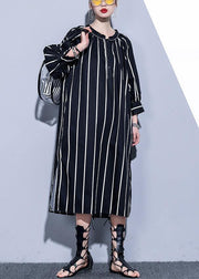 Simple o neck side open Tunics black striped cotton robes Dress summer - SooLinen