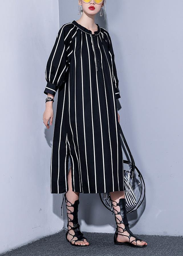 Simple o neck side open Tunics black striped cotton robes Dress summer - SooLinen