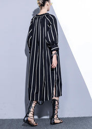 Simple o neck side open Tunics black striped cotton robes Dress summer - SooLinen