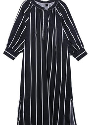 Simple o neck side open Tunics black striped cotton robes Dress summer - SooLinen