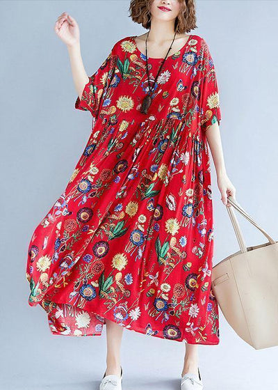 Simple red print cotton clothes For Women o neck Cinched Dresses summer Dresses - SooLinen