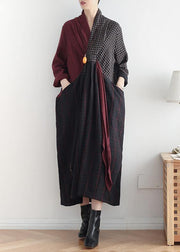 Simple v neck asymmetric linen dresses Wardrobes red patchwork black Dresses fall - SooLinen