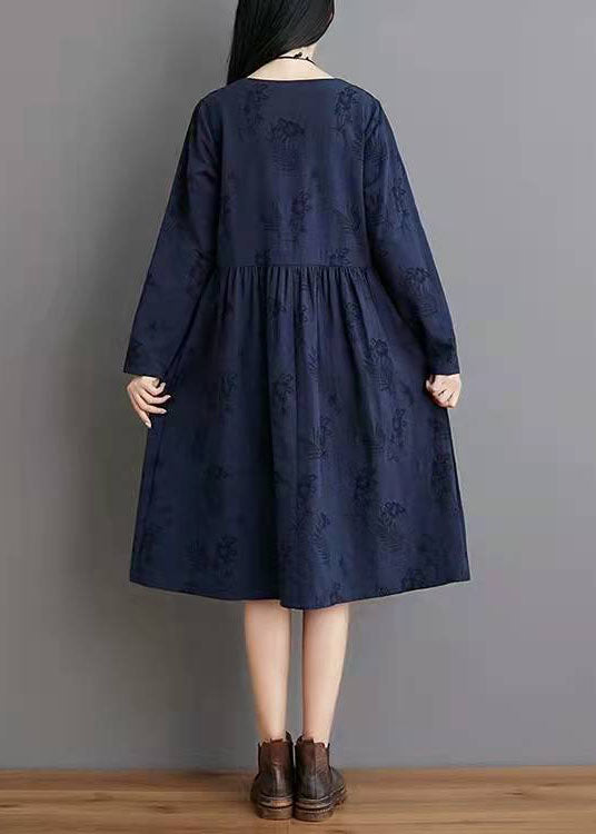 Simple linen clothes Women Jacquard Pleat Blue Linen Loose Dress