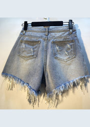 Slim Fit Blue Asymmetrical Design Tassel Diamond Cotton Denim Shorts