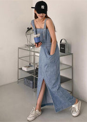 Slim Fit Blue Slash Neck Button Pockets Backless Denim Dress Sleeveless