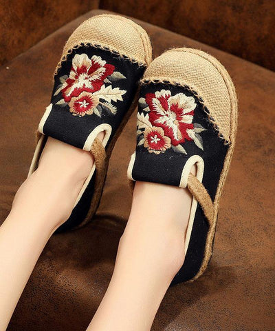 Soft Splicing Flats Black Cotton Linen Fabric Embroideried Flats Shoes - SooLinen