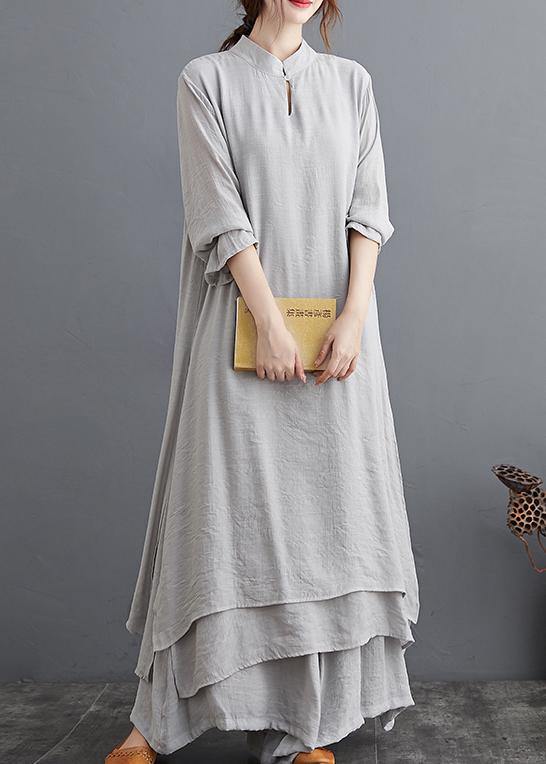 Spring Gray Medium Length Dress Casual Wide Leg Pants Two Piece Set - SooLinen