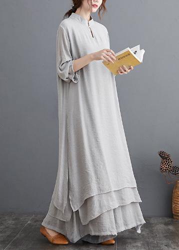 Spring Gray Medium Length Dress Casual Wide Leg Pants Two Piece Set - SooLinen