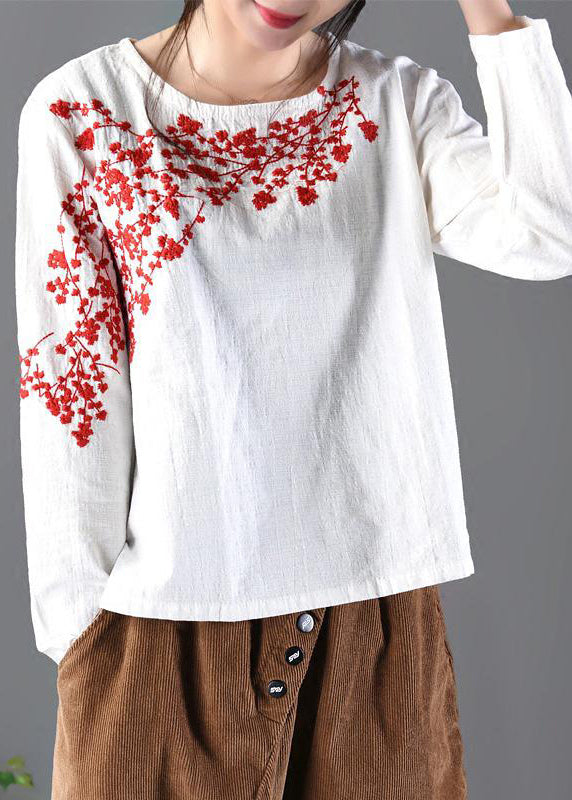 Spring Round Neck Plum Blossom Embroidery T-Shirt