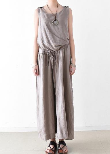 Spring Women Cotton Hemp Loose Wide Leg Jumpsuit Casual Pants - SooLinen