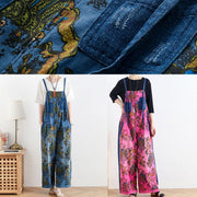 Spring original literary fashion retro ethnic style blue printed loose denim overalls - SooLinen